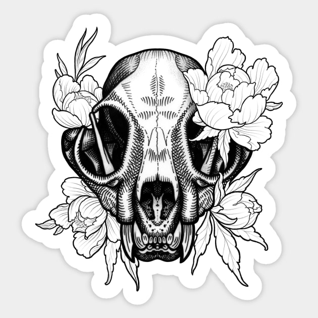 Bob Cat Skull with Flowers Sticker by Constattoo